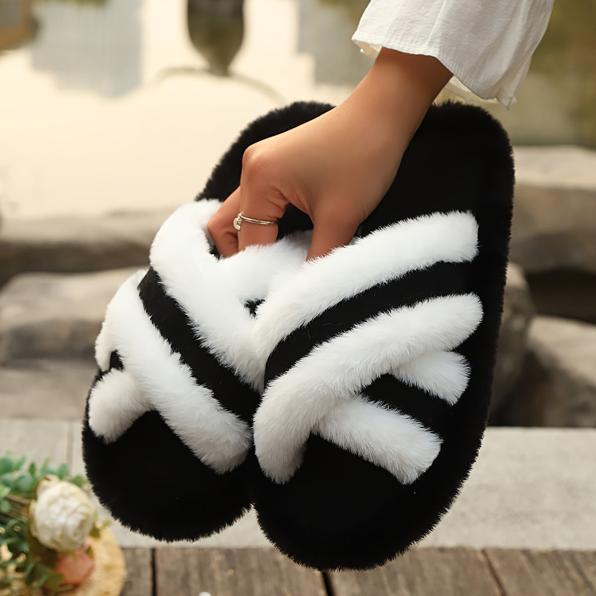 Women's Plush Slippers - Soft, Warm, Non-Slip Thick Sole Indoor/Outdoor Slides in Black & White, Brown & Gray, Beige & White Striped Patterns, Perfect for All Seasons, House Slippers